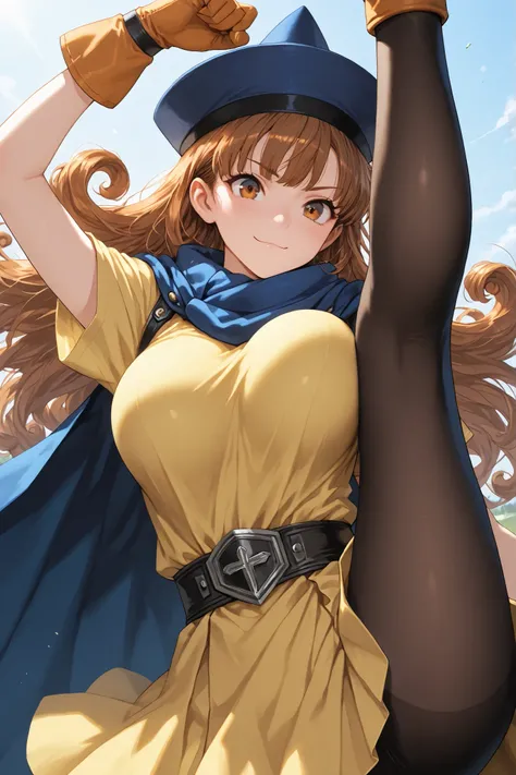 masterpiece, best quality, high resolution, highly detailed, 
1girl, solo, alena, very cute face, cute girl, brown eyes, brown hair, long curly hair,  large breasts, 
yellow dress, short sleeves, blue cape, gloves, blue scarf, blue hat, pantyhose, dress,  ...