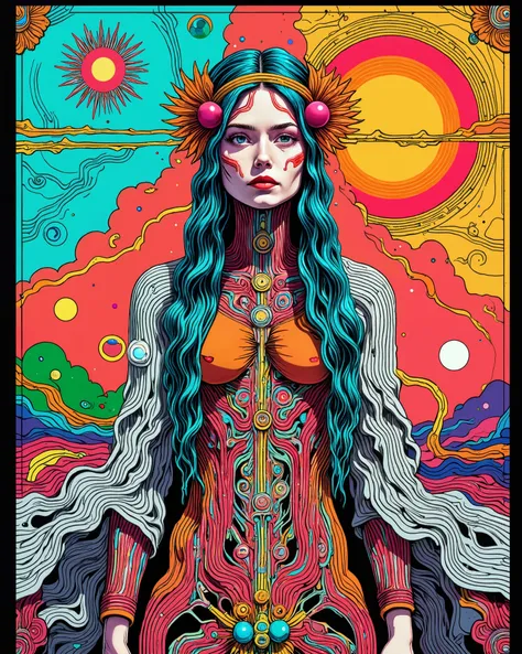 Embodying audacity, she ventures the Italian atomic bomb path, surrounded by vibrant multi-layered collages, evoking psychedelic portraiture and serene faces, merging with the beauty of richly colored skies and the captivating essence of photo illustration...