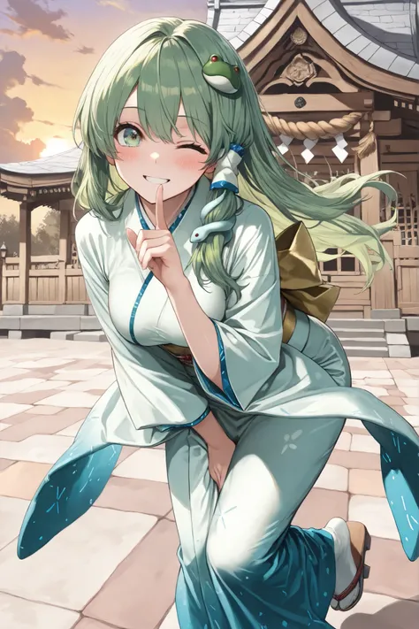 ((Masterpiece)),((best quality)),((incredibly absurdres)),((8K)),semi real,BREAK,
1 girl,solo,younger,kawaii,kochiya sanae,green hair,green eyes,medium breasts,baby face,big eyes,BREAK,
(beautiful Green furisode),gold belt,tabi,geta\(gold string\),BREAK,
s...