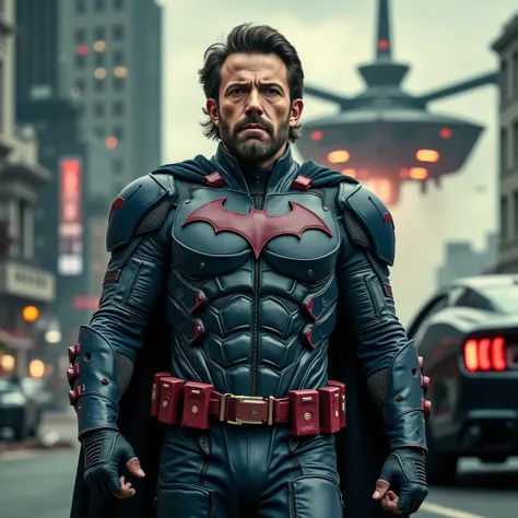 Hyper-realistic, cinematic portrait of a man resembling Ben Affleck as an alternate universe Batman. Shoulder to waist-up framing. He’s wearing a bulky, high-tech armored Batsuit in dark blue and crimson red — glowing accents, reinforced plating, and a mod...