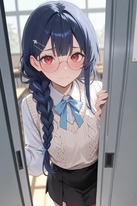 score_9, score_8_up, score_7_up, masterpiece, best quality, detailed face, 1 girl, solo, beautiful, modest chest, slender body, mature, light makeup, adorable, closed mouth, innocent look, blushing, shy,
Long hair, wavy dark blue hair, low braided hair, hi...