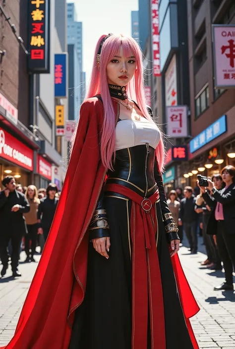 (( Highest Quality 、In 8K、masterpiece:1.3)) Cosplayer photo session、anime character cosplay costume surrounded by lots of camera boys、Layer Outfits、Shooting on the street、Surrounded by lots of camera boys