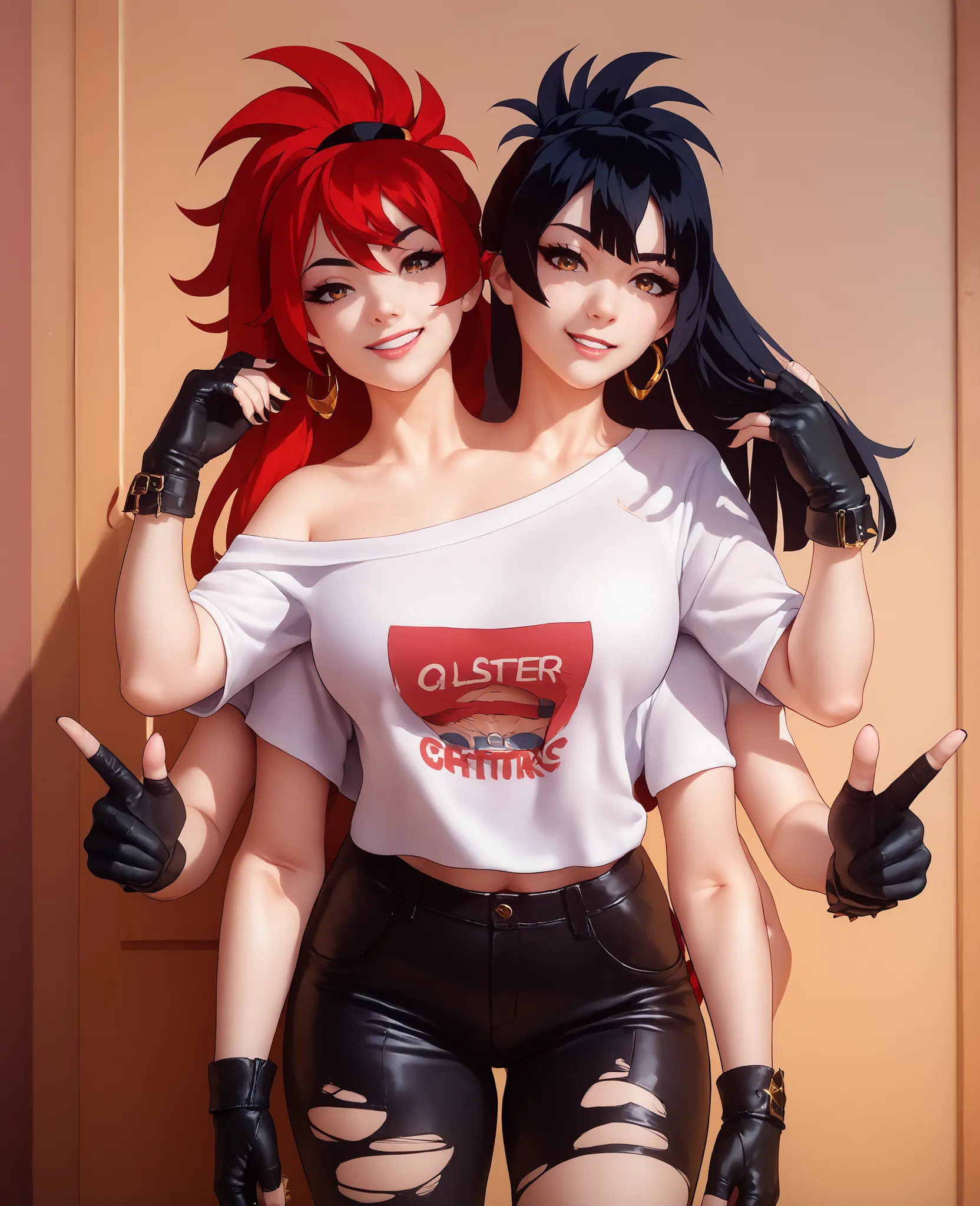 best resolution,anime woman with two heads, gold eyes, different hair colors, red hair, black hair, different hairstyles, different hair-lengths, short hair, long hair, spiky hair, straight hair, hair down, oversized white sweater, one shoulder bare, tor...