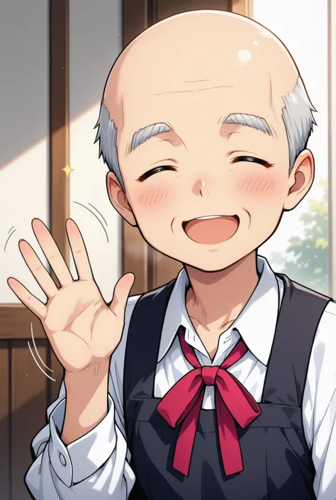 He's a cute bald old man waving his hands(no glasses)