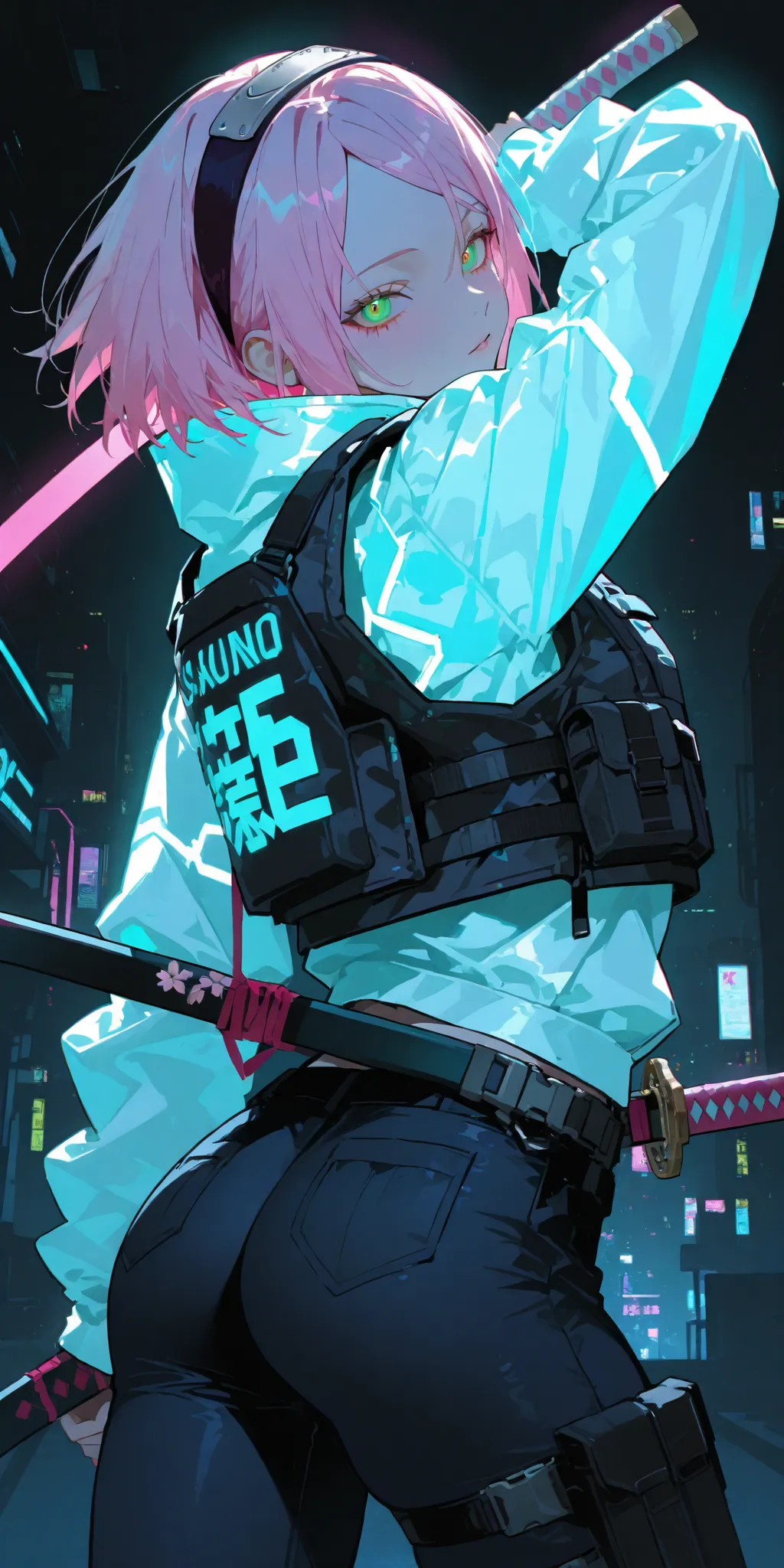 Sakura Haruno, absurd, random, dynamic pose, neon, cyberpunk, lightjacket, tactical vest, katana tied on back