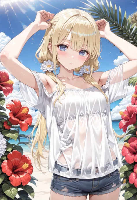 ((best quality)), ((masterpiece)), (detailed), perfect face, ((Best quality, 8k, Masterpiece: 1.3)), Highly detailed face and skin texture, Detailed eyes, Double eyelid, A girl with a large flower decoration in her hair, hibiscus, phalaenopsis, dahlia, blo...