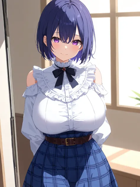 masterpiece, Highest Quality, complicated details, high resolution,
1 woman, solo,
mash short hair, dark blue hair, purple eyes,
huge breast, huge hips, Young face, Short stature,
room, smile, cute pose,
black neck ribbon, white shirt, frilled col...