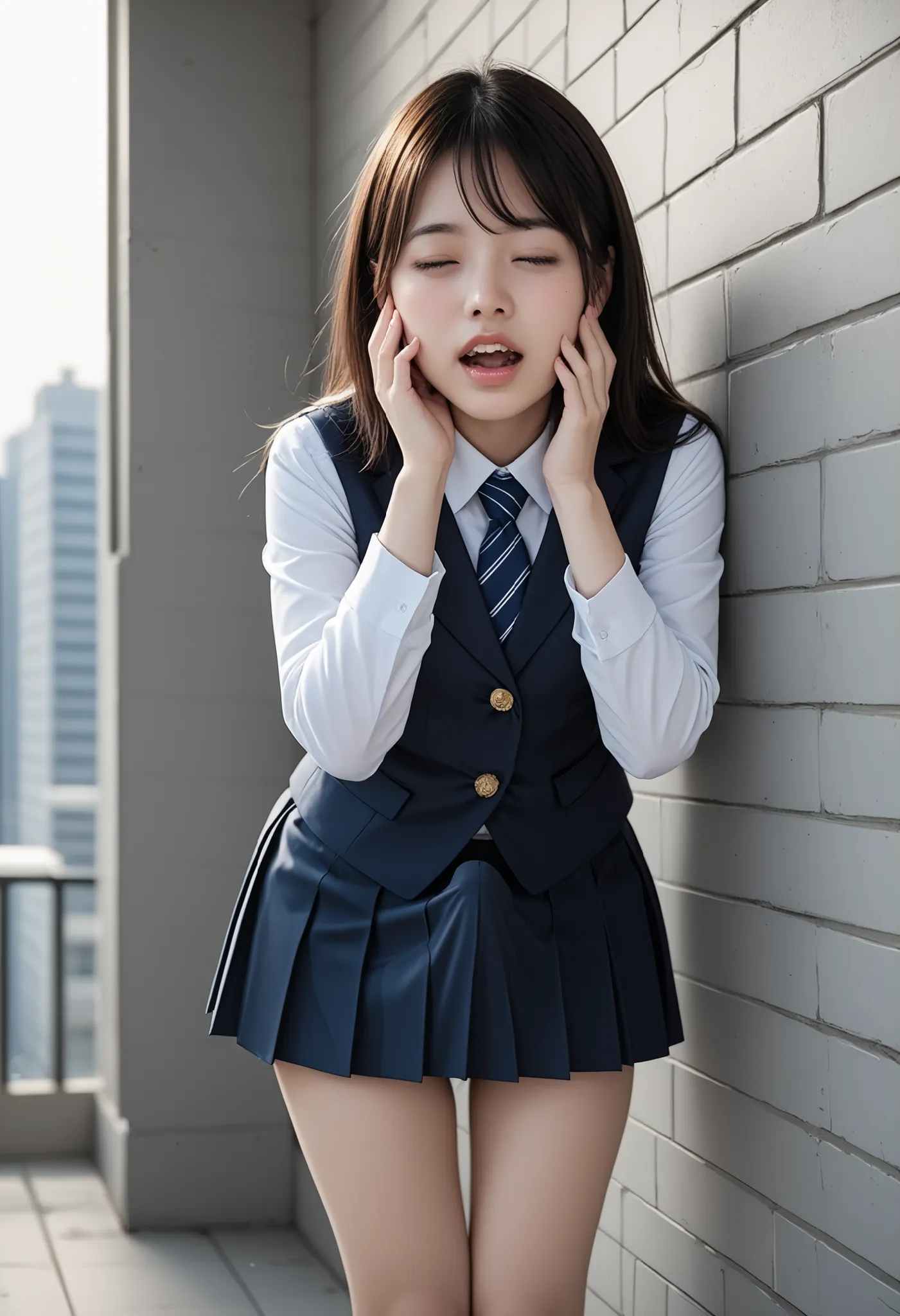 (Highest Quality:1.2), RAW photos , perfect details, Professional Lighting, sharp concentration in nude clothes, Very pretty and cute Japanese girl, girls have long brown hair, with bangs, round face, (close your eyes:1.2), (open your mouth), (blanking:1....