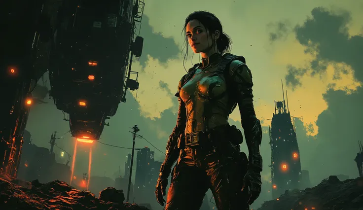 candid full-body shot of a woman in high-tech armor standing in a sci-fi environment,8K,high resolution,detailed,photorealistic,physically-based rendering,studio lighting,woman,heroic pose,stoic expression,tactical gear,metallic armor,sleek helmet,glowing ...