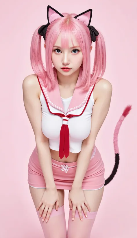 
(masterpiece, best quality:1.2),illustration,8k,HD,1 girl,alone,animal_ears,Cat_ears,bow,long_hair,hair_bow,pink_hair,Bangs,Moderate_breast,Black_bow,ribbon,direction,Double tail,animal_ear_fluff,Red_Eye,hair bow,navel,pink thighhighs,sleeveless tops,sail...