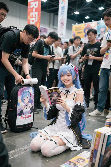 Re:Zero Rem Outfit, cosplayをした成人女性が同人誌を手に持ち床に座っています, 人混みに囲まれたコミックコンベンションvenue, The men surrounding it、リュックにロール状のposterを挿しています, surrounded by nerds, she looks at you in a way that tempts only, real,cosplay,young woman,Portrait, Smile, books to read aloud,Selling ,Cluster,venue,banner,poster,4K,HDR,detail,realistic,Extreme Details,Professional quality,The bright color ,dynamic composition