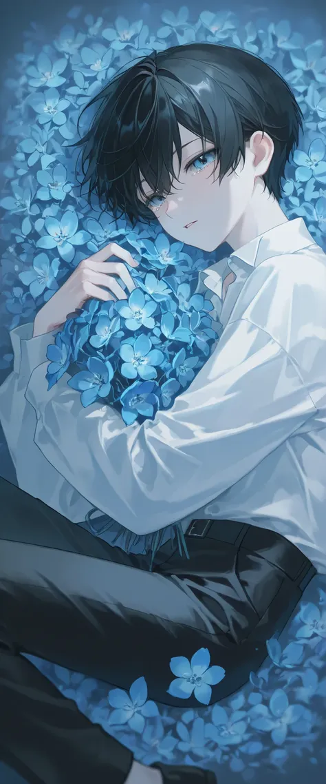 (1 boy with short black hair:1.4),((Blue flowers lie in many coffins))、 white shirt、black pants、moonlight、tears