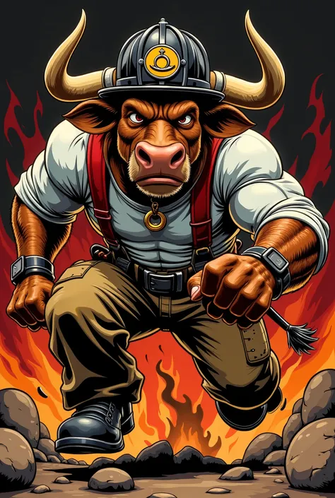 Vector Style , ((comic art)) , (cartoon style) a 5 , Vector-style, Vintage 70s action comic book cover, Vector Style, lowbrow art, A fierce, untamed muscular anthropomorphic bull with a bull ring on his nose and running towards the right. and a rugged appe...