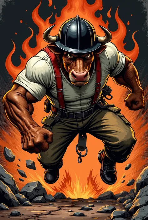 Vector Style , ((comic art)) , (cartoon style) a 5 , Vector-style, Vintage 70s action comic book cover, Vector Style, lowbrow art, A fierce, untamed muscular anthropomorphic bull with a bull ring on his nose and running towards the right. and a rugged appe...