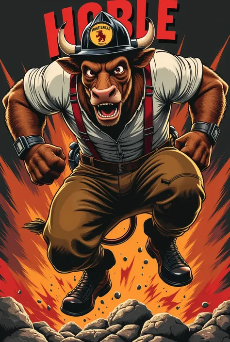 Vector Style , ((comic art)) , (cartoon style) a 5 , Vector-style, Vintage 70s action comic book cover, Vector Style, lowbrow art, A fierce, untamed muscular anthropomorphic bull with a bull ring on his nose and running towards the right. and a rugged appe...
