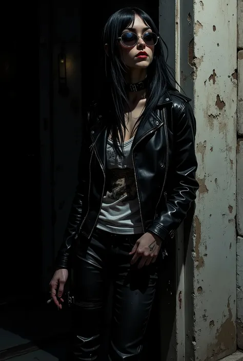 Charming stylized photograph of a mysterious young seductive woman with long straight black hair, standing in a defiant pose in deep shadow and leaning against a concrete wall. She is dressed in a timeless rocker outfit: a black leather jacket, leather tro...
