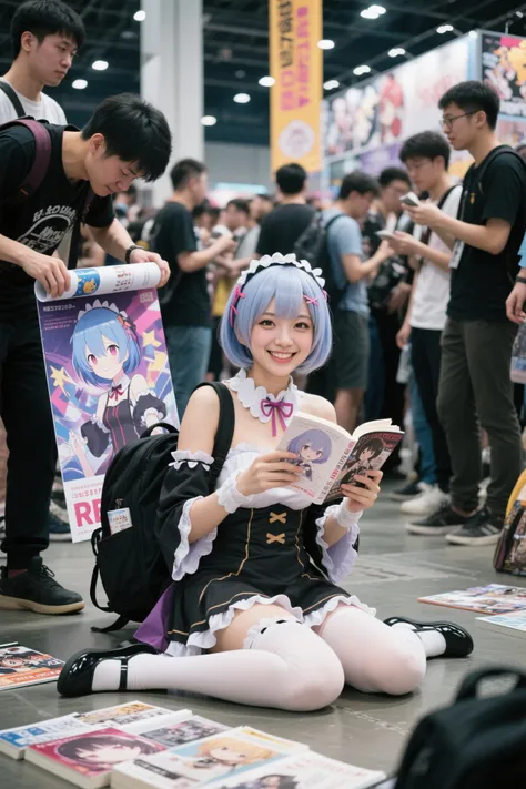 (Re:Zero's Rem costume), cosplayをした成人女性が同人誌を手に持ち床に座っています,Short Hair, 人混みに囲まれたコミックコンベンションvenue, The men surrounding it、リュックにロール状のposterを挿しています, surrounded by nerds, she looks at you in a way that tempts only, real,cosplay,young woman,Portrait, Smile, books to read aloud,Selling ,Cluster,venue,banner,poster,4K,HDR,detail,realistic,Extreme Details,Professional quality,The bright color ,dynamic composition