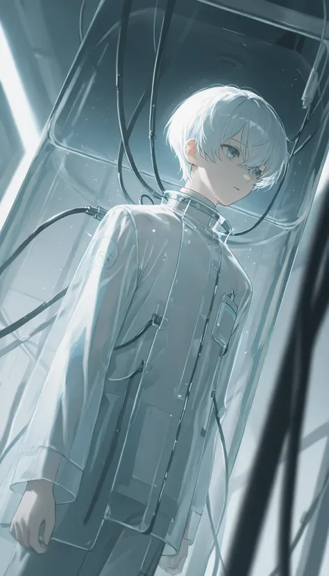 (1 boy with white hair short cut:1.4),((There is a boy in a large transparent tank))、lots of cables are connected、Laboratory