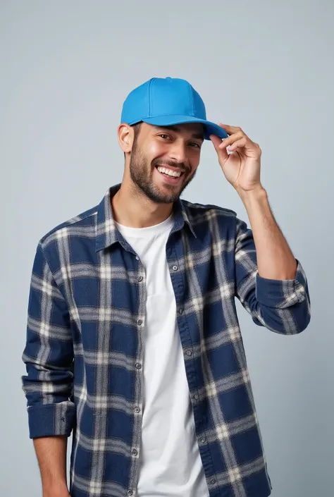A man wearing a simple blue cap and a plaid shirt, smiling shyly and tilting his head slightly down, while holding the cap brim with one hand. The background is simple and light gray . Your expression is relaxed and cheerful, and his face is partially obs...