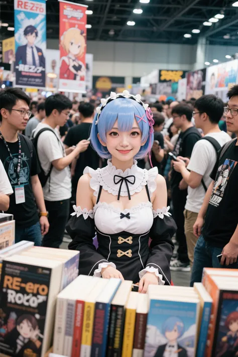 Re:Zero Rem Outfit, cosplayをした成人女性が同人誌を手に持ち床に座っています, 人混みに囲まれたコミックコンベンションvenue, The men surrounding it、リュックにロール状のposterを挿しています, Surrounded by Nerds She Stares at You in a way that only seduces you, real,cosplay,young woman,Portrait, Smile, books to read aloud,Selling ,Cluster,venue,banner,poster,4K,HDR,detail,realistic,Extreme Details,Professional quality,The bright color ,dynamic composition, Short Hair, 