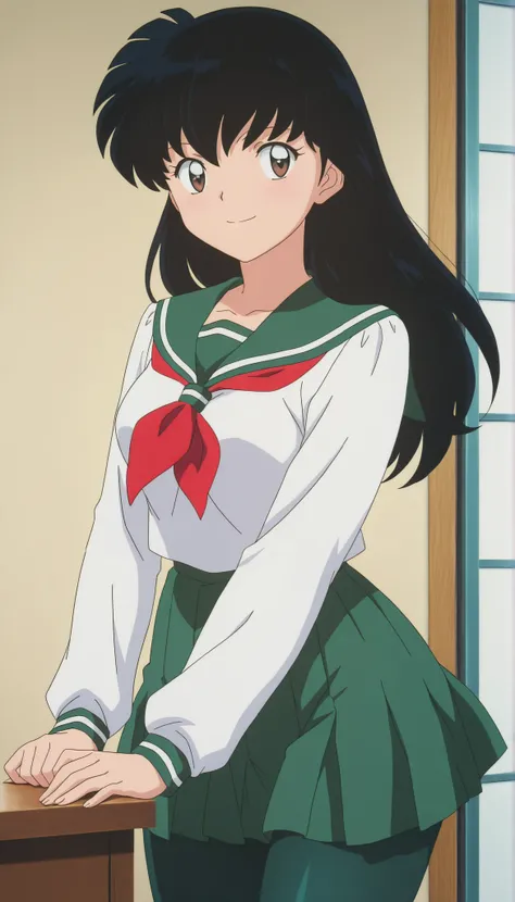  
masterpiece, best quality, very detailed, masterpiece, best quality,  eyelashes, (Beautiful Eyes), cowboy shot
Higurashi Kagome,   black hair , brown eyes ,
uniform ,  long sleeve , green tights Spandex ,   green skirt ,  red neckerchief , , ,
 solo ,ani...