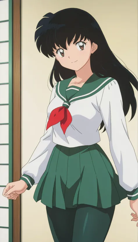  
masterpiece, best quality, very detailed, masterpiece, best quality,  eyelashes, (Beautiful Eyes), cowboy shot
Higurashi Kagome,   black hair , brown eyes ,
uniform ,  long sleeve , green tights Spandex ,   green skirt ,  red neckerchief , , ,
 solo ,ani...