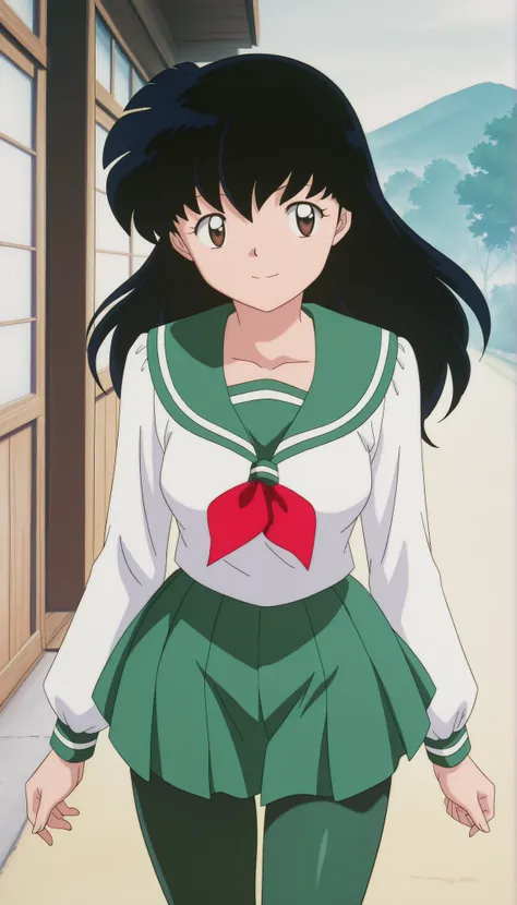  
masterpiece, best quality, very detailed, masterpiece, best quality,  eyelashes, (Beautiful Eyes), cowboy shot
Higurashi Kagome,   black hair , brown eyes ,
uniform ,  long sleeve , green tights Spandex ,   green skirt ,  red neckerchief , , ,
 solo ,ani...