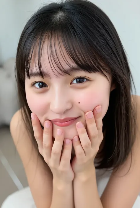 ultra extreme close-up portrait, girl's face covering 99% of the frame, hyper photorealistic 8K detail, head slightly tilted (~30 degrees), cheeks deeply flushed with warmth, glossy lips curved in a wide soft smile, upper teeth subtly visible, both hands g...