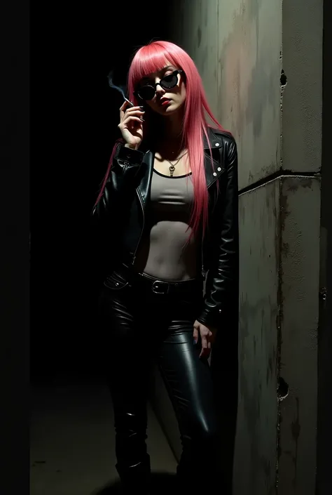 Charming stylized photograph of a mysterious young seductive woman in a wig with long pink straight hair, standing in a defiant pose in deep shadow and leaning against a concrete wall. She is dressed in a timeless rocker outfit: a black leather jacket, lea...