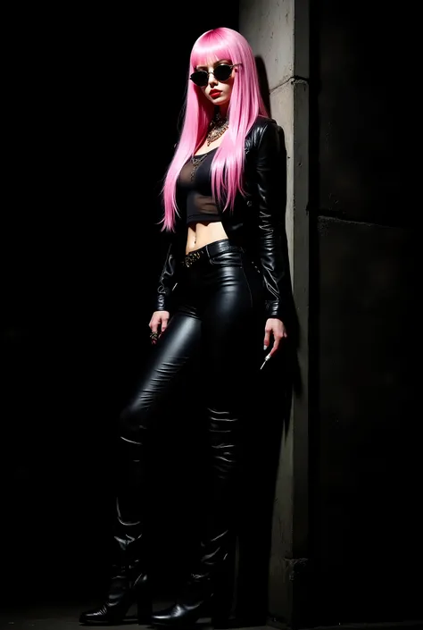 Charming stylized photograph of a mysterious young seductive woman in a wig with long pink straight hair, standing in a defiant pose in deep shadow and leaning against a concrete wall. She is dressed in a timeless rocker outfit: a black leather jacket, lea...