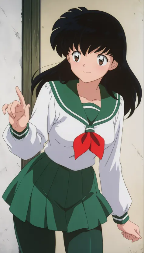  
masterpiece, best quality, very detailed, masterpiece, best quality,  eyelashes, (Beautiful Eyes), cowboy shot
Higurashi Kagome,   black hair , brown eyes ,
uniform ,  long sleeve , green tights Spandex ,   green skirt ,  red neckerchief , , ,
 solo ,ani...