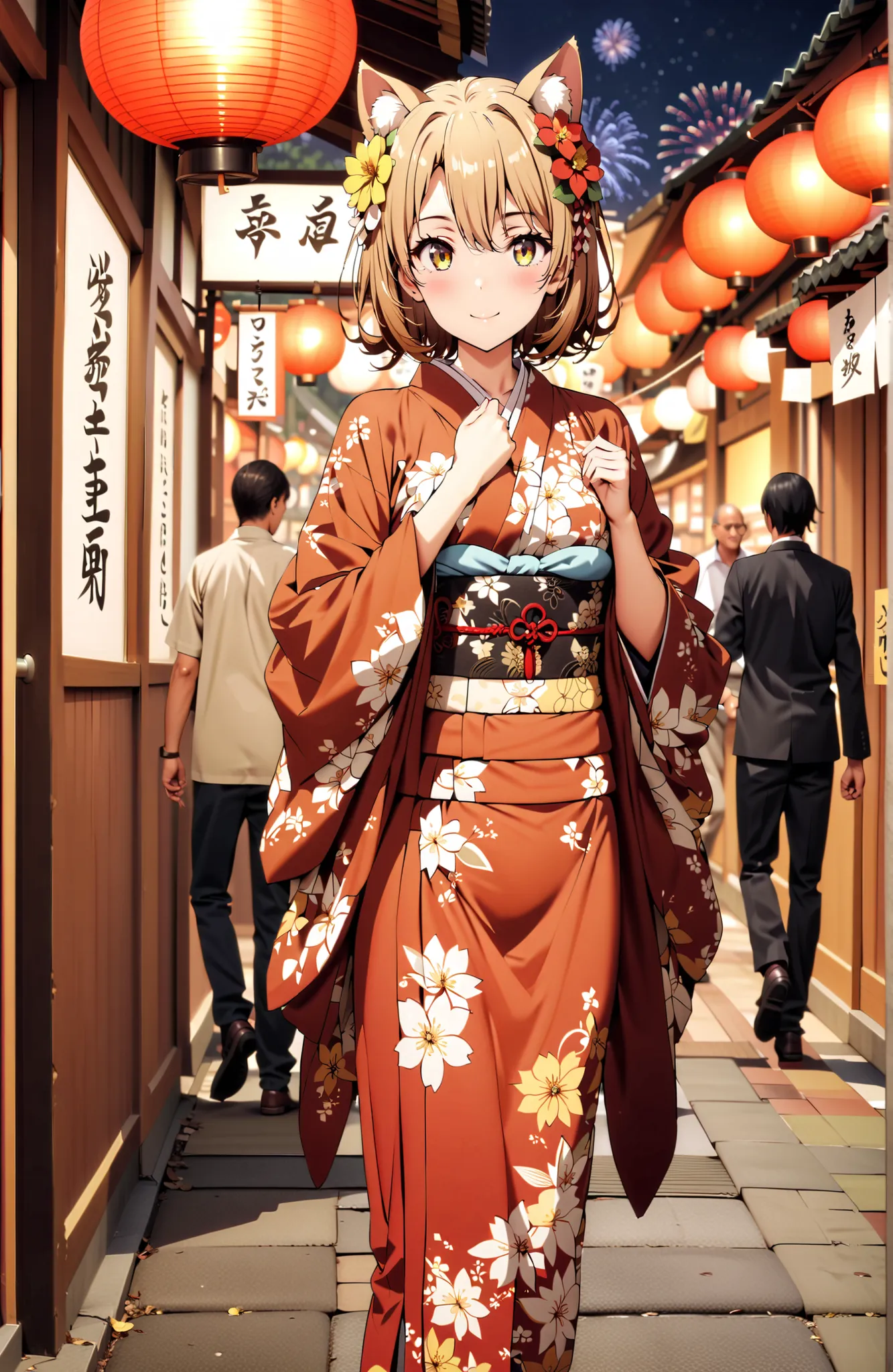 score_9, score_8_up, score_7_up, source_anime,
Iroha Isshiki, short hair, brown hair, brown eyes in the bedroom,flower hair ornament with ears,Yellow flower pattern kimono ,smile,blush,mouth,Light up fireworks,Red Lantern,Japanese stalls ,standing,night,in...