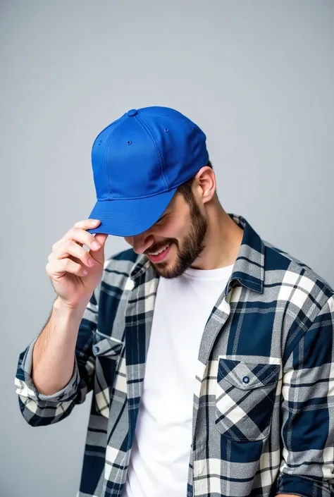 A man wearing a simple blue cap and a plaid shirt, tilting the head slightly downward, while holding the cap brim with one hand. The background is simple and light gray . Your expression is relaxed and cheerful, and his face is partially obscured by the c...