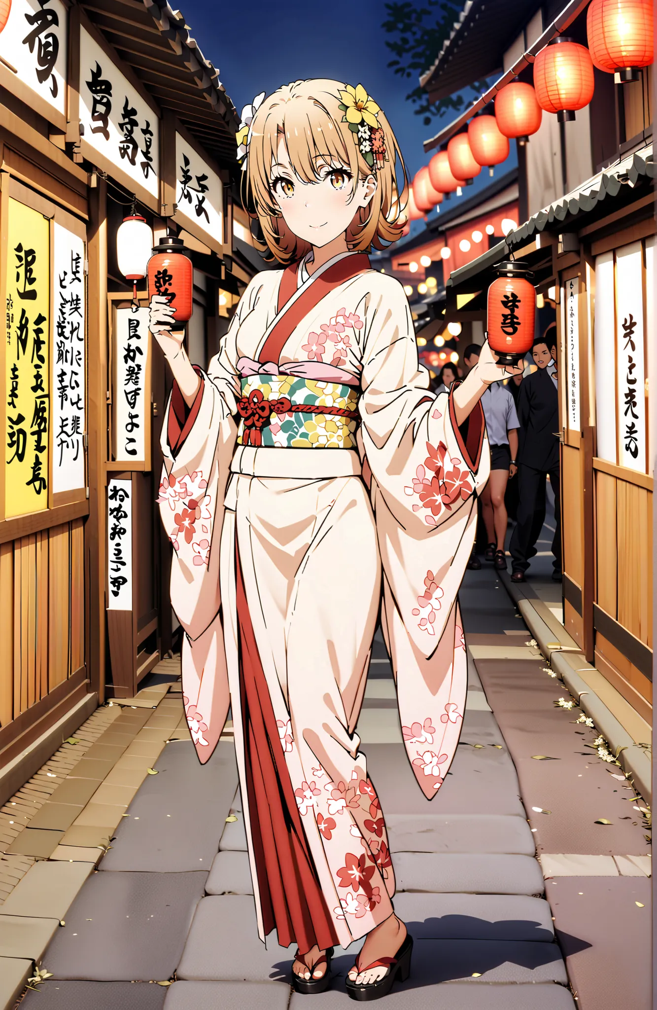 score_9, score_8_up, score_7_up, source_anime,
Iroha Isshiki, short hair, brown hair, brown eyes in the bedroom,flower hair ornament with ears,Yellow flower pattern kimono ,smile,blush,mouth,Light up fireworks,Red Lantern,Japanese stalls ,standing,night,in...