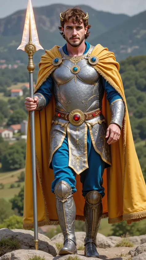 Paul Mescal reimagined as a majestic Celtic god Lugh, walking and holding a radiant silver spear with a spiral-etched shaft and glowing crystal blade, 1 male, full body, sharp cheekbones, bright golden-brown eyes, short tousled auburn hair adorned with a b...