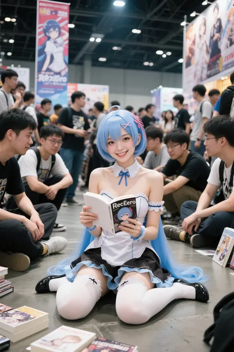 (Re:Zero Rem Outfit, Light blue short hair, cosplayをした成人女性が同人誌を手に持ち床に座っています), 人混みに囲まれたコミックコンベンションvenue, The men surrounding it、リュックにロール状のposterを挿しています, Surrounded by Nerds She Stares at You in a way that only seduces you, real,cosplay,young woman,Portrait, Smile, books to read aloud,Selling ,Cluster,venue,banner,poster,4K,HDR,detail,realistic,Extreme Details,Professional quality,The bright color ,dynamic composition