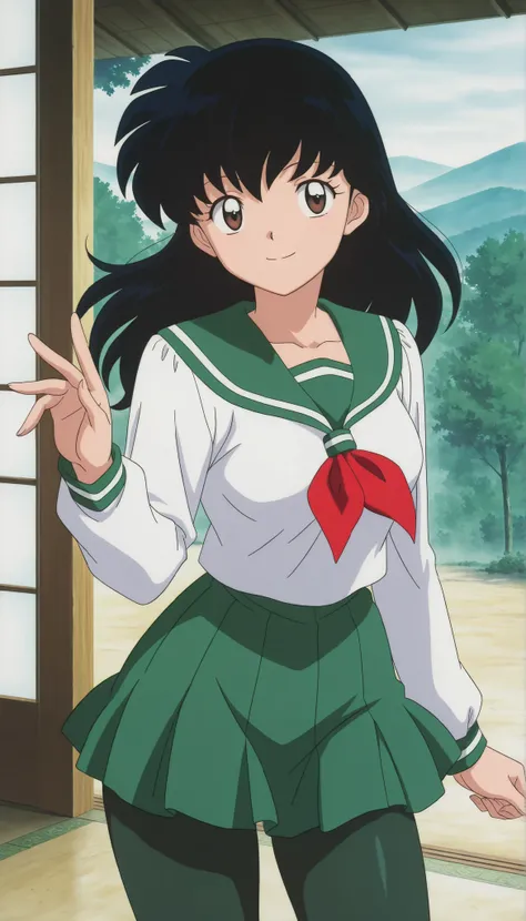  
masterpiece, best quality, very detailed, masterpiece, best quality,  eyelashes, (Beautiful Eyes), cowboy shot
Higurashi Kagome,   black hair , brown eyes ,
uniform ,  long sleeve , green tights Spandex ,   green skirt ,  red neckerchief , , ,
 solo ,ani...