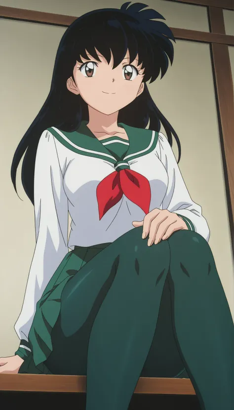  
masterpiece, best quality, very detailed, masterpiece, best quality,  eyelashes, (Beautiful Eyes), cowboy shot
Higurashi Kagome,   black hair , brown eyes ,
uniform ,  long sleeve , green tights Spandex ,   green skirt ,  red neckerchief , , ,
 solo ,ani...