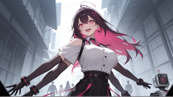 crazy atmosphere、A Japanese woman with 2 arms out of 4 arms is a machine、semi-long hair、bright colors、masterpiece、Highest Quality、8k