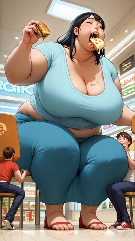 Score_9, score_8_up, score_7_up, score_6_up, score_5_up, score_4_up, crowded at the mall, casual clothes, extereme zoom in on mouth, eating tons of food, below view, mouth open, chewing food in mouth, food on face, swallowing, 1girl, 1man, duo, larger_fema...