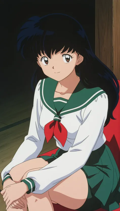  
masterpiece, best quality, very detailed, masterpiece, best quality,  eyelashes, (Beautiful Eyes), cowboy shot
Higurashi Kagome,   black hair , brown eyes ,
uniform ,  long sleeve , green tights Spandex ,   green skirt ,  red neckerchief , , ,
 solo ,ani...
