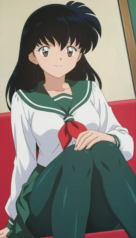  
masterpiece, best quality, very detailed, masterpiece, best quality,  eyelashes, (Beautiful Eyes), cowboy shot
Higurashi Kagome,   black hair , brown eyes ,
uniform ,  long sleeve , green tights Spandex ,   green skirt ,  red neckerchief , , ,
 solo ,ani...