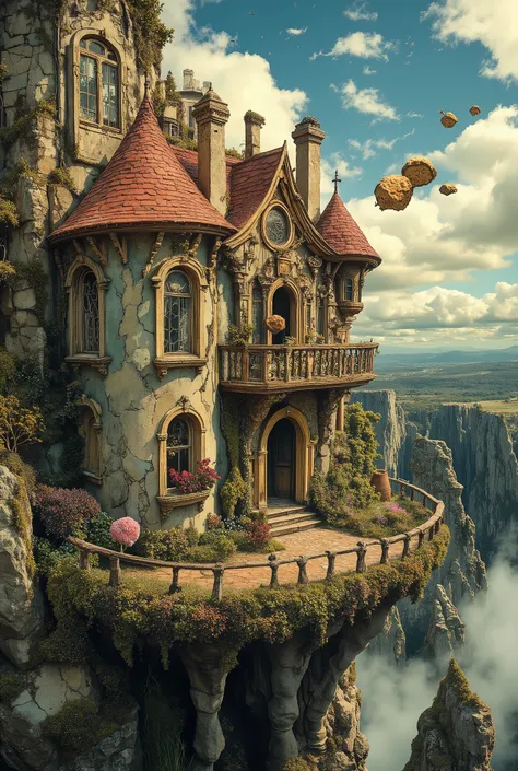 A bright, detailed picture of a fairy-tale, two-story house located on the edge of a rocky cliff. The house is stone, with wooden elements in the decoration, with a red tiled roof and chimneys. Smooth, rounded architectural forms predominate. There is a lo...