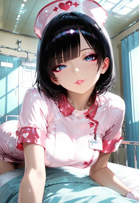 1 female, pretty nurse beautiful girl, (black hair, cut bangs, bob hair, nurse costume, blue eyes), Pure Bitch, beautiful eyes, beautiful lips, , hospitalization, Hospital room, bed, Lavish Atmosphere,masterpiece,Highest Quality,Ultra High Definition,Photo...
