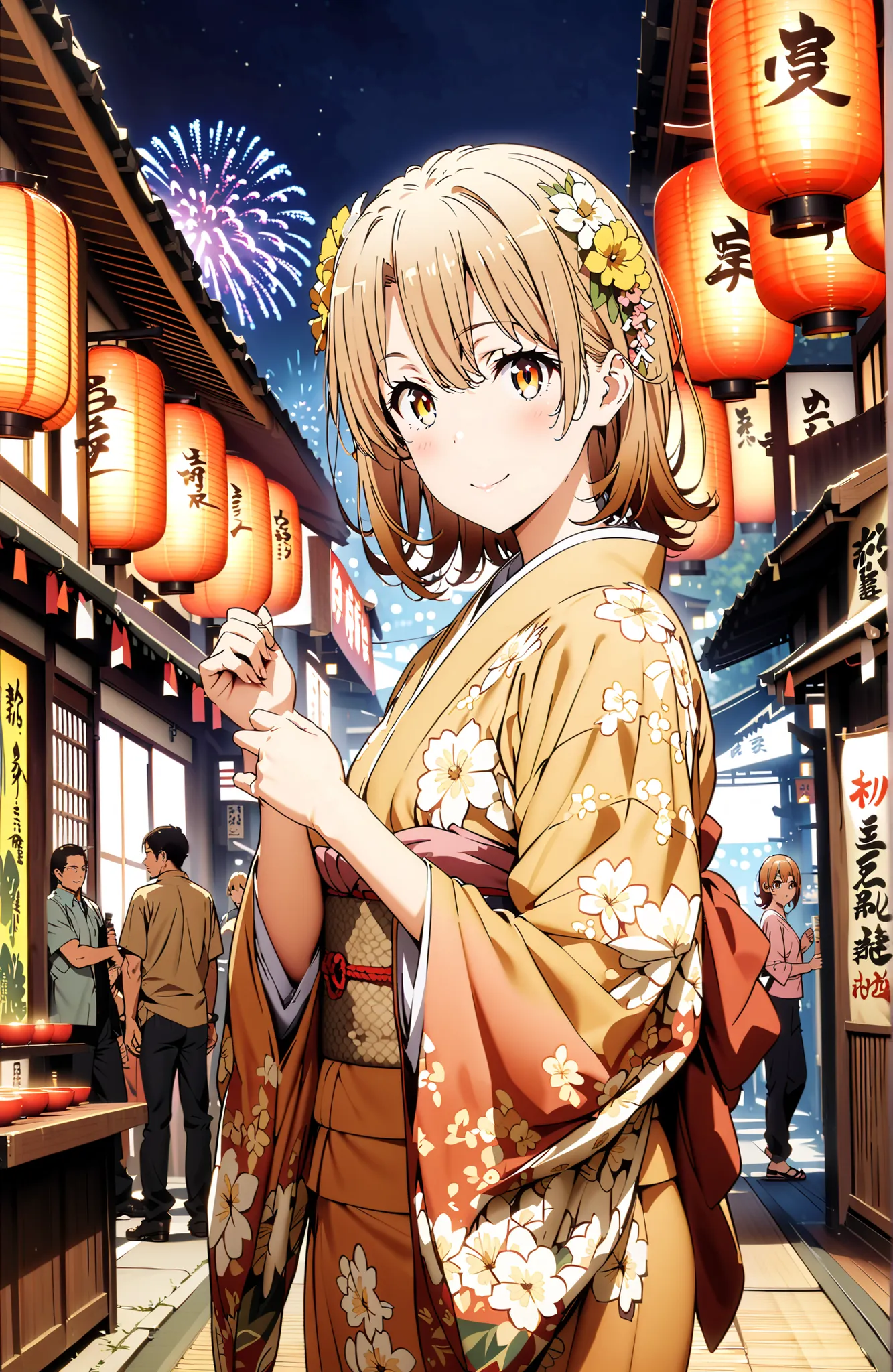 score_9, score_8_up, score_7_up, source_anime,
Iroha Isshiki, short hair, brown hair, brown eyes in the bedroom,flower hair ornament with ears,Yellow flower pattern kimono ,smile,blush,mouth,Light up fireworks,Red Lantern,Japanese stalls ,standing,night,in...