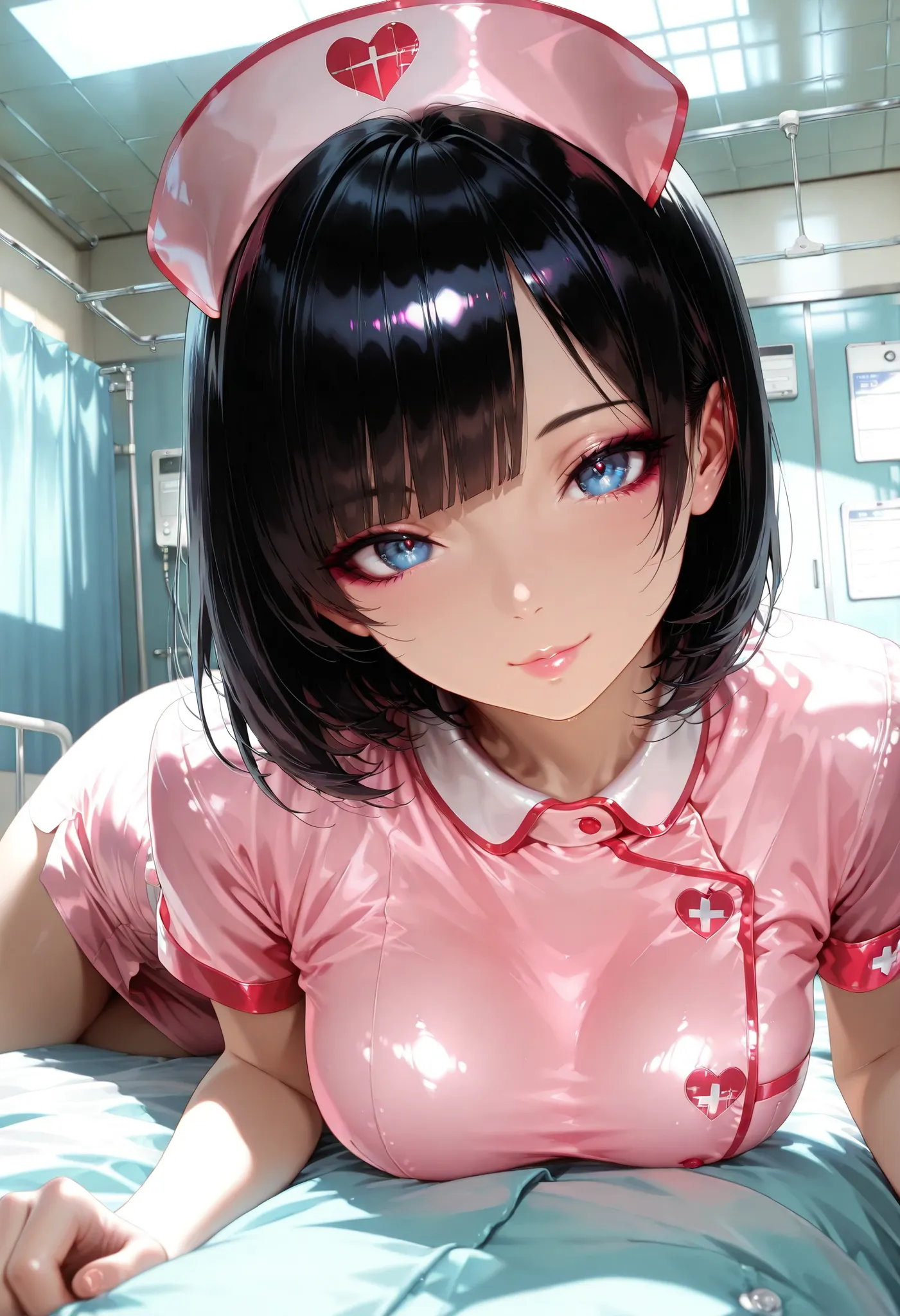 1 female, pretty nurse beautiful girl, (black hair, cut bangs, bob hair, nurse costume, blue eyes), Pure Bitch, beautiful eyes, beautiful lips, , hospitalization, Hospital room, bed, Lavish Atmosphere,masterpiece,Highest Quality,Ultra High Definition,Photo...