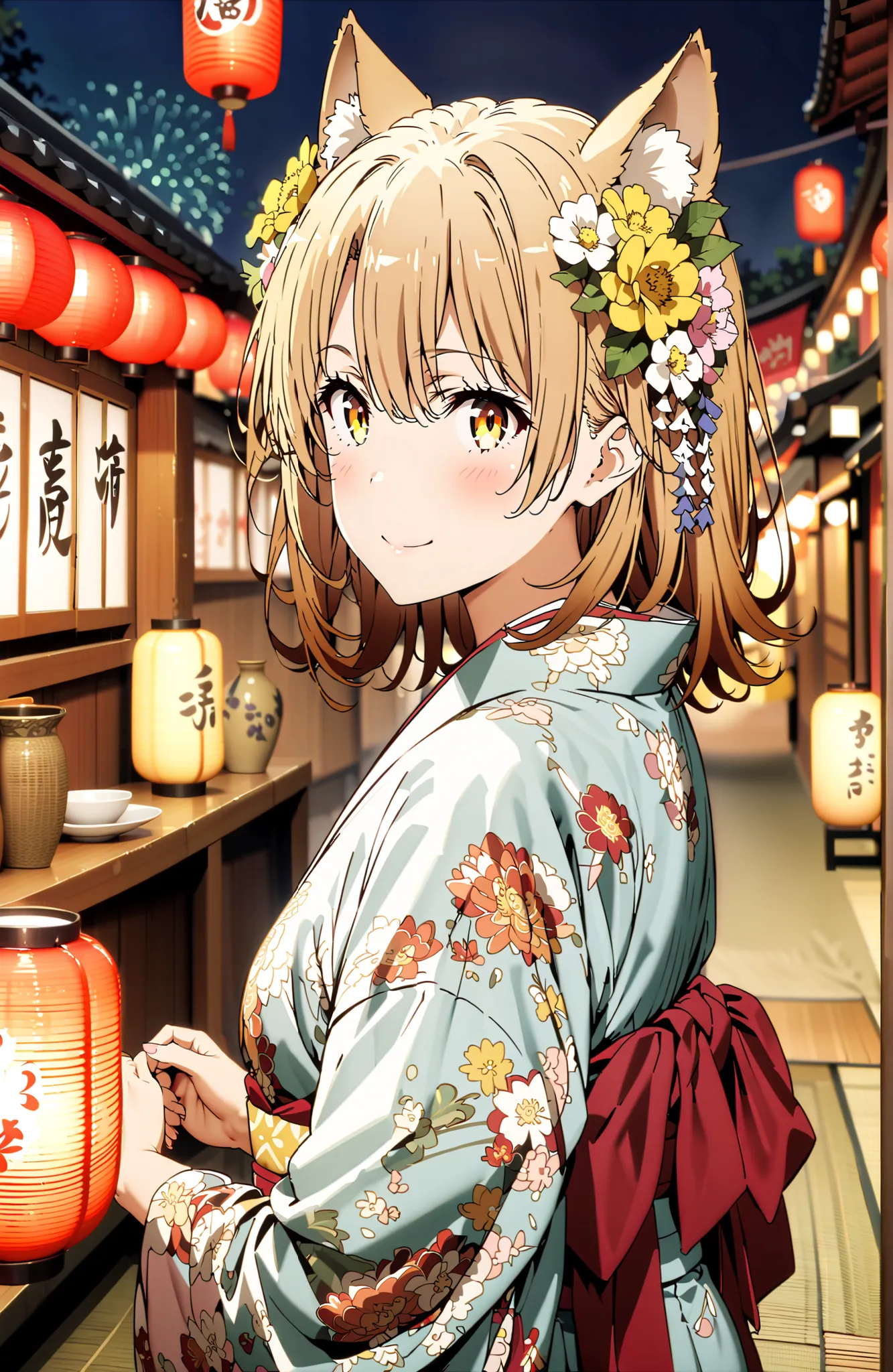 score_9, score_8_up, score_7_up, source_anime,
Iroha Isshiki, short hair, brown hair, brown eyes in the bedroom,flower hair ornament with ears,Yellow flower pattern kimono ,smile,blush,mouth,Light up fireworks,Red Lantern,Japanese stalls ,standing,night,in...