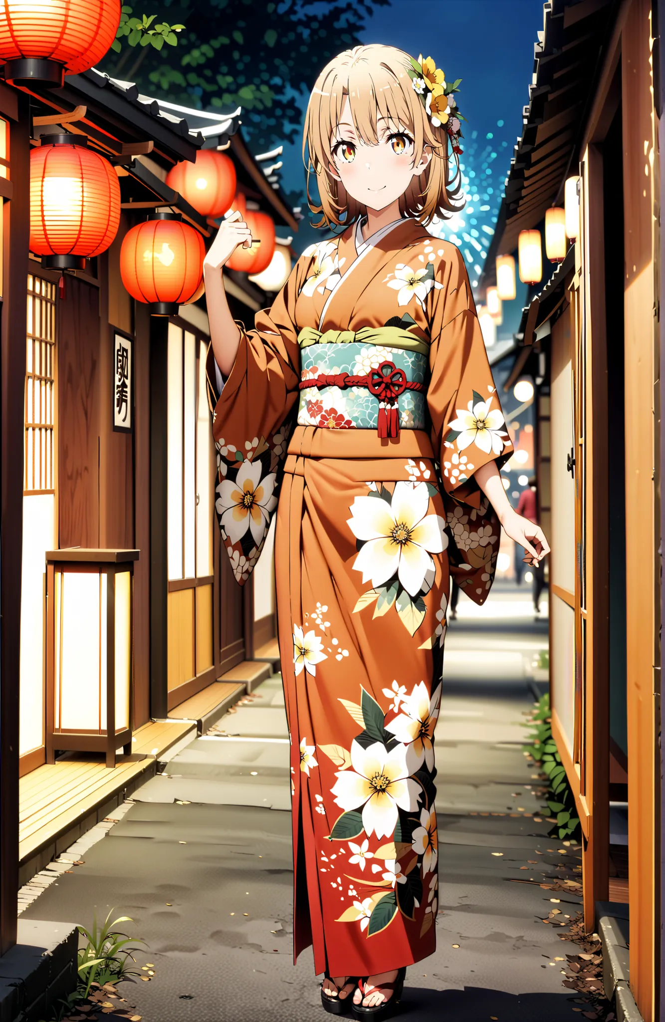 score_9, score_8_up, score_7_up, source_anime,
Iroha Isshiki, short hair, brown hair, brown eyes in the bedroom,flower hair ornament with ears,Yellow flower pattern kimono ,smile,blush,mouth,Light up fireworks,Red Lantern,Japanese stalls ,standing,night,in...