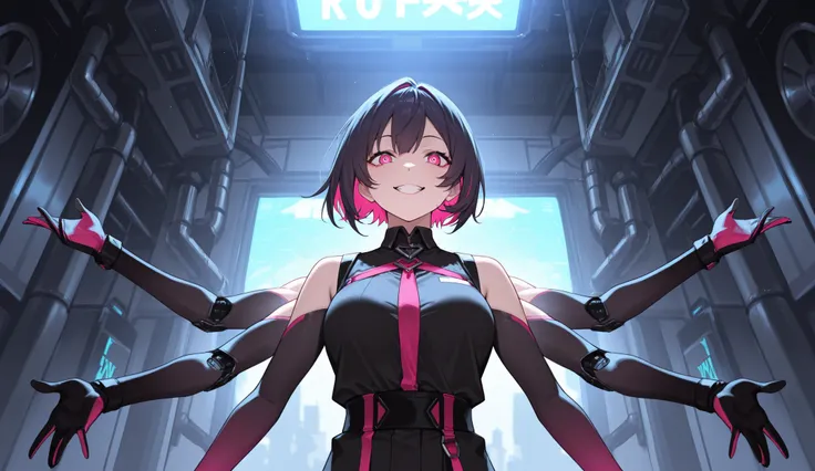 crazy atmosphere、A Japanese woman with 2 arms out of 4 arms is a machine、short hair、bright colors、masterpiece、Highest Quality、8k