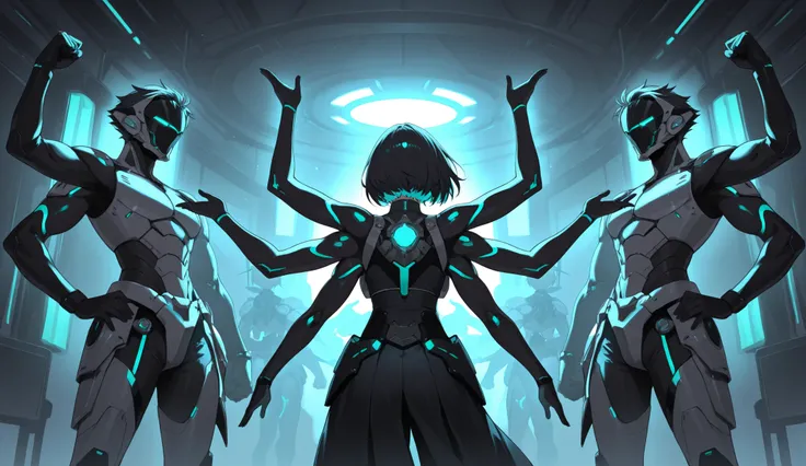 crazy atmosphere、Four arms(Two Arms Are Machines)、one Japanese woman、short hair、bright colors、masterpiece、Highest Quality、8k